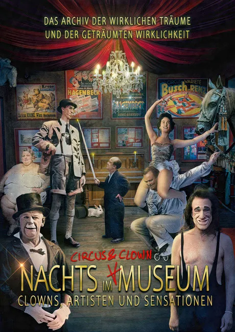 Póster promocional del Museo del Circo y el Payaso de Viena que muestra payasos, artistas y recuerdos de circo en un escenario teatral