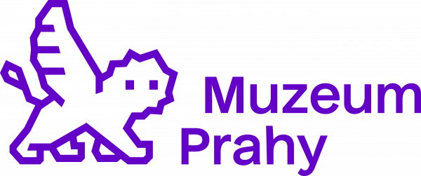 purple griffin logo and text Muzeum Prahy on black background