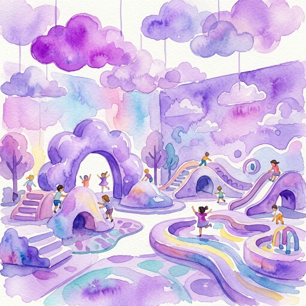 Una ilustración en acuarela de un espacio de exposición infantil lúdico con estructuras púrpuras parecidas a nubes, caminos sinuosos y niños explorando el entorno imaginativo.