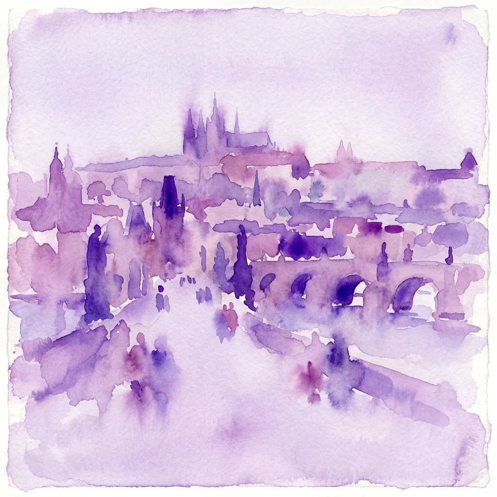 Una pintura de acuarela púrpura del histórico horizonte de Praga, que presenta la Catedral de San Vito y el Puente de Carlos, evocando la apariencia de la ciudad en el siglo XVII durante el gobierno de Rodolfo II.
