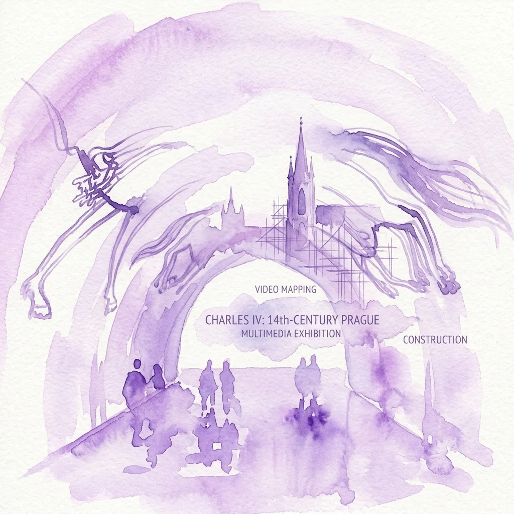 Una ilustración en acuarela morada de una exposición multimedia sobre el Praga del siglo XIV de Carlos IV, con mapeo de video de la construcción de la Catedral de San Vito y siluetas de visitantes.
