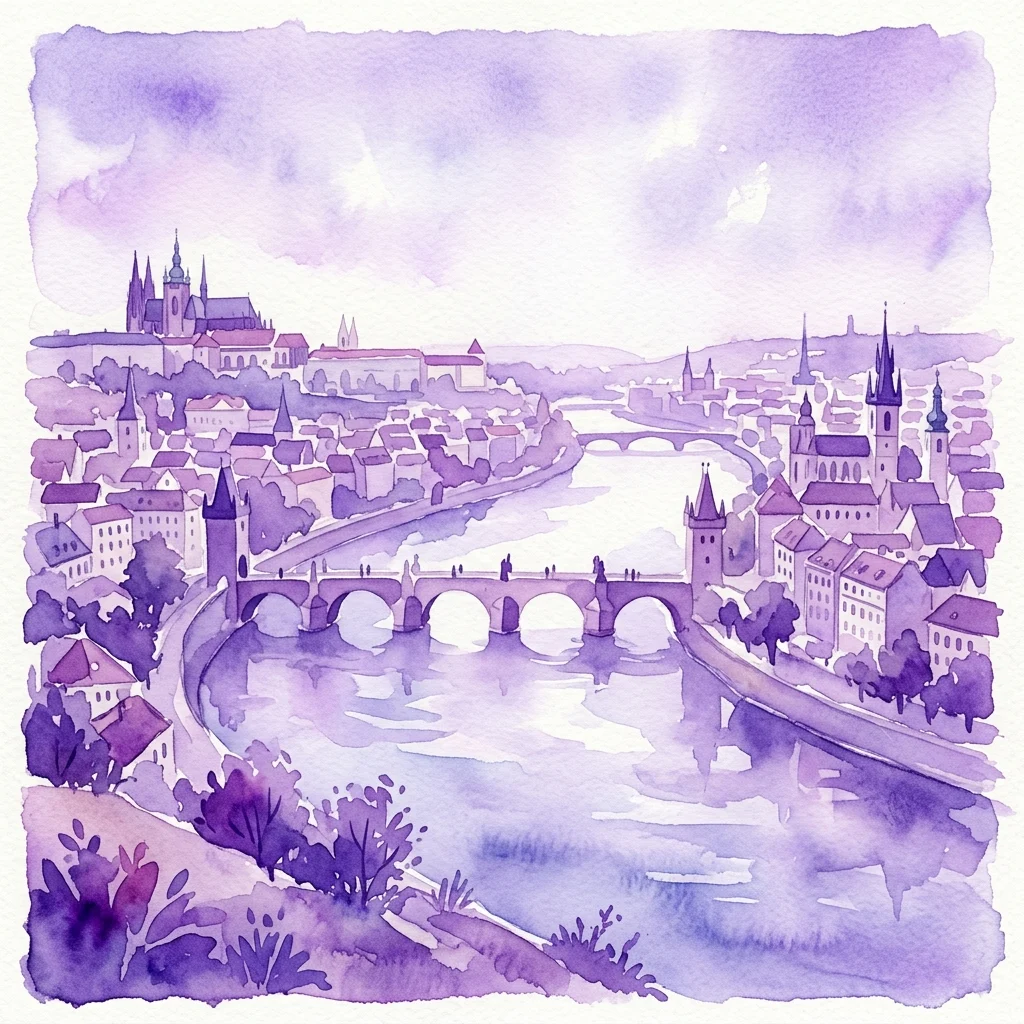 Una ilustración en acuarela púrpura del Praga del siglo XIX, con el río Moldava, el Puente de Carlos y edificios históricos, vista desde una perspectiva elevada.