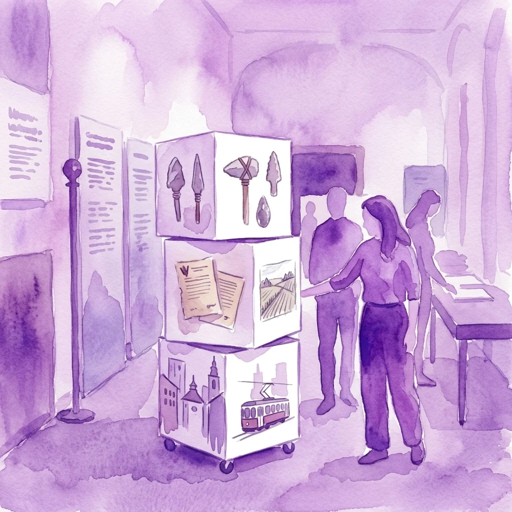 Una ilustración en acuarela de una exposición de museo que presenta vitrinas apiladas con artefactos como herramientas prehistóricas, documentos medievales y un tranvía, con visitantes observando la exhibición en una galería de tono púrpura.