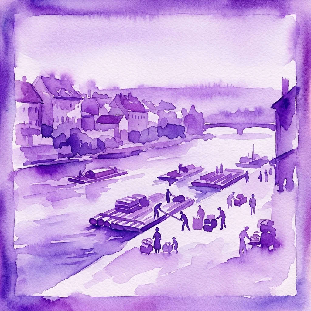 Una ilustración en acuarela púrpura del histórico barrio de Podskalí en Praga, que muestra casas tradicionales a lo largo del río Moldava y gente descargando balsas de madera, reflejando una nostálgica escena de comercio fluvial.