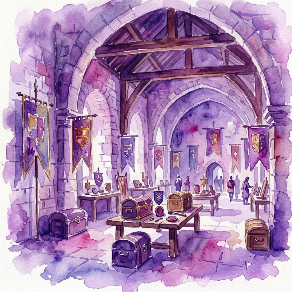 Ilustración en acuarela de un salón de castillo medieval que exhibe artefactos gremiales, que incluyen estandartes, cofres y herramientas, para la exposición 'When Trades Are in Order' en el Castillo de Ctěnice.