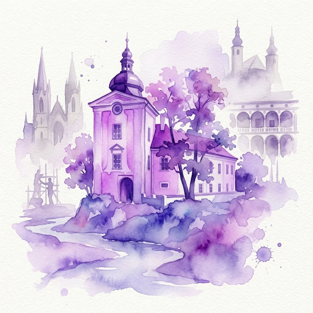 Ilustración en acuarela del castillo de Ctěnice con elementos arquitectónicos góticos, renacentistas y barrocos, rodeado de árboles y un arroyo, sobre un fondo de modelos y fotografías históricas.