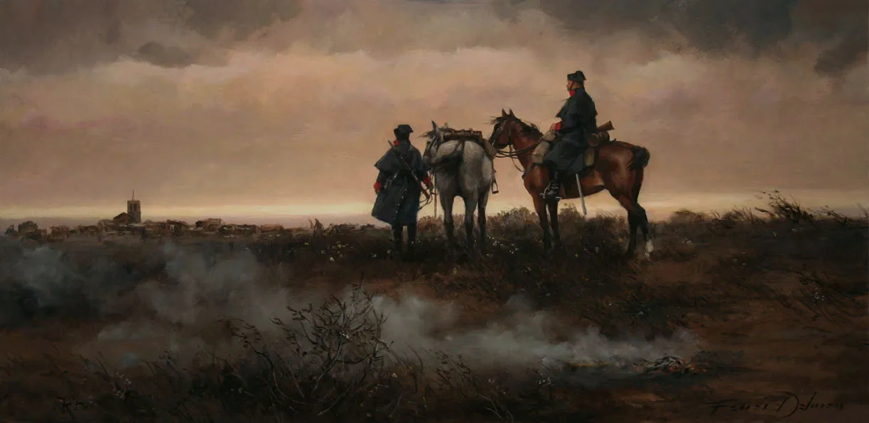 Twee gemotoriseerde agenten van de Burgerwacht in historische uniformen te paard in een rokerig landschap