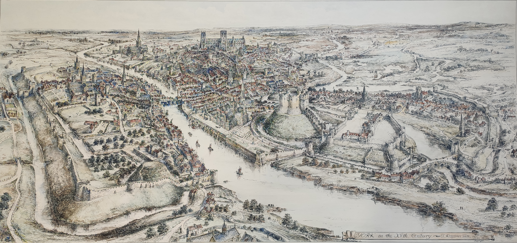 Historyczna ilustracja Yorku w lotu ptaka z XV wieku, przedstawiająca rzekę Ouse, mury miejskie i York Castle.