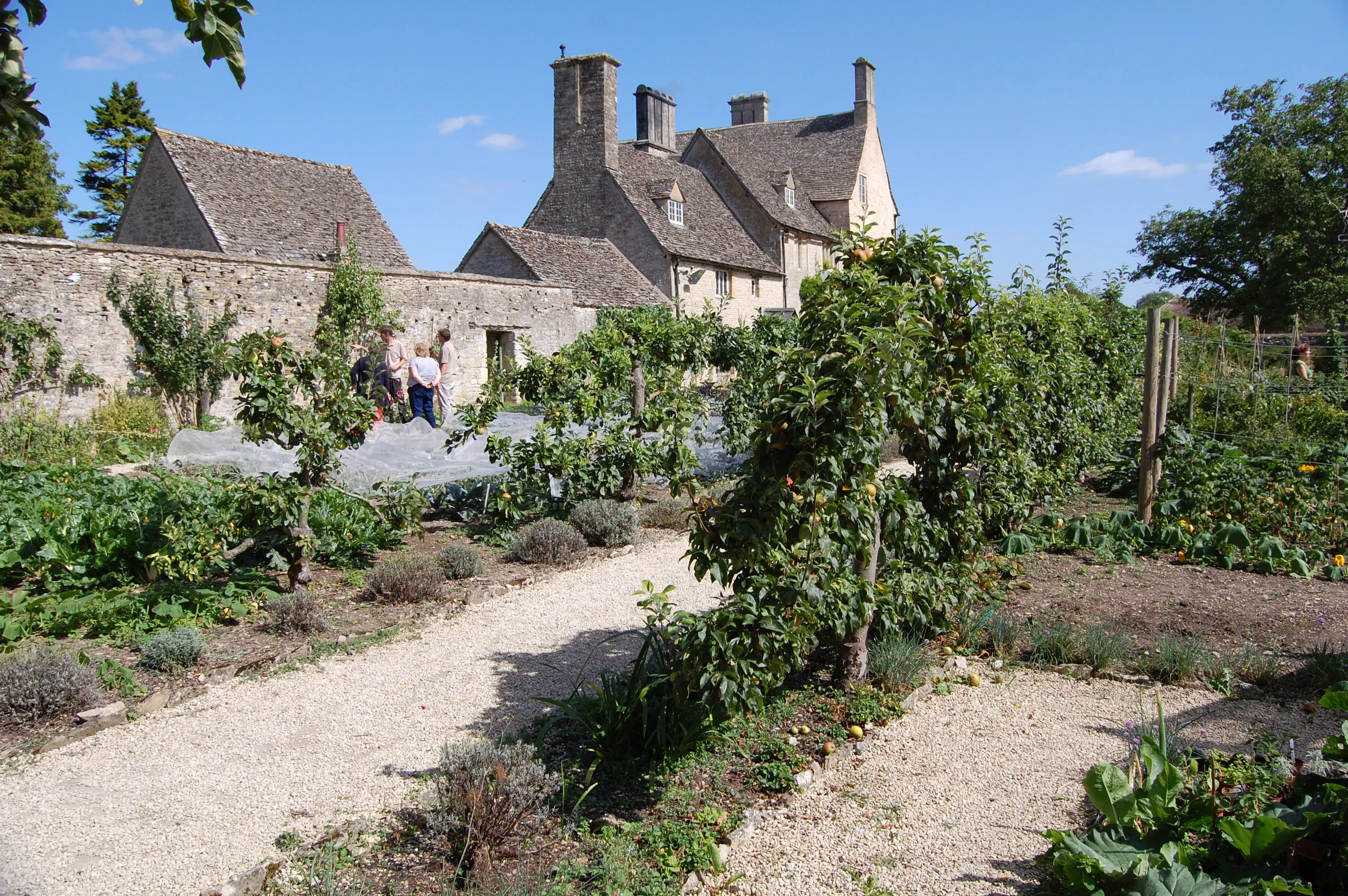 Ommuurde tuin met grindpad, fruitbomen en het stenen landhuis met meerdere schoorstenen op de achtergrond bij Cogges Manor Farm.