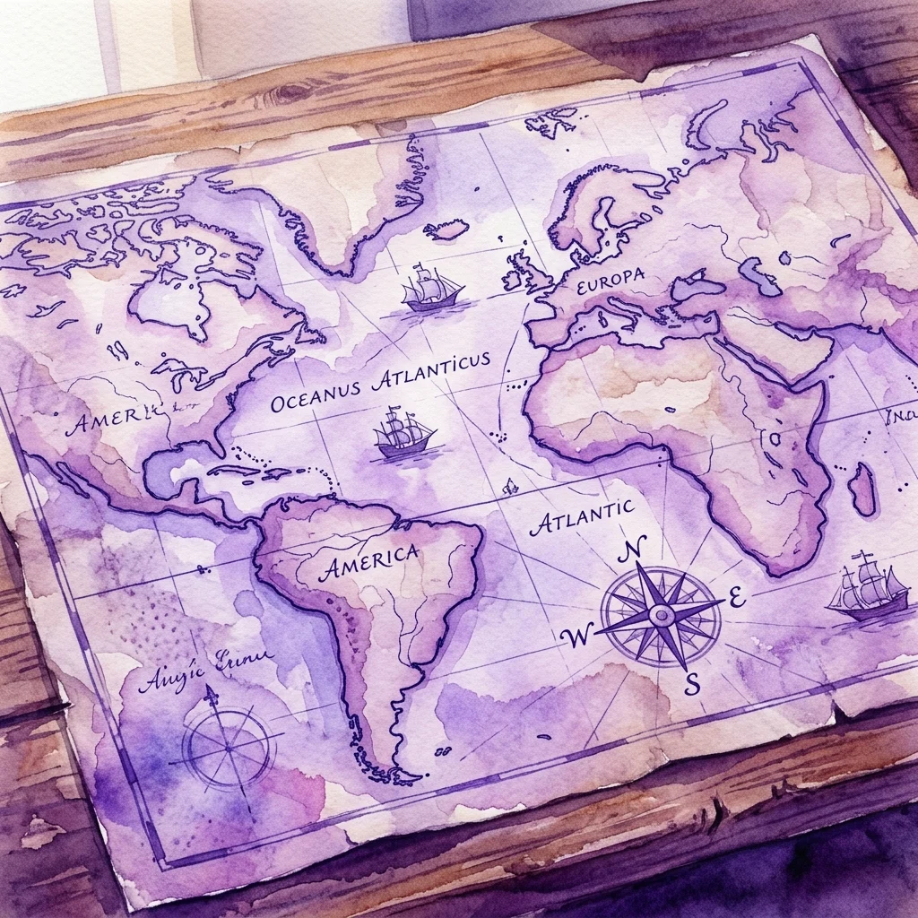 Watercolor illustration of an antique-style Atlantic map showing the continents of Europa and America, featuring ink-drawn sailing ships and compass roses on a wooden table.