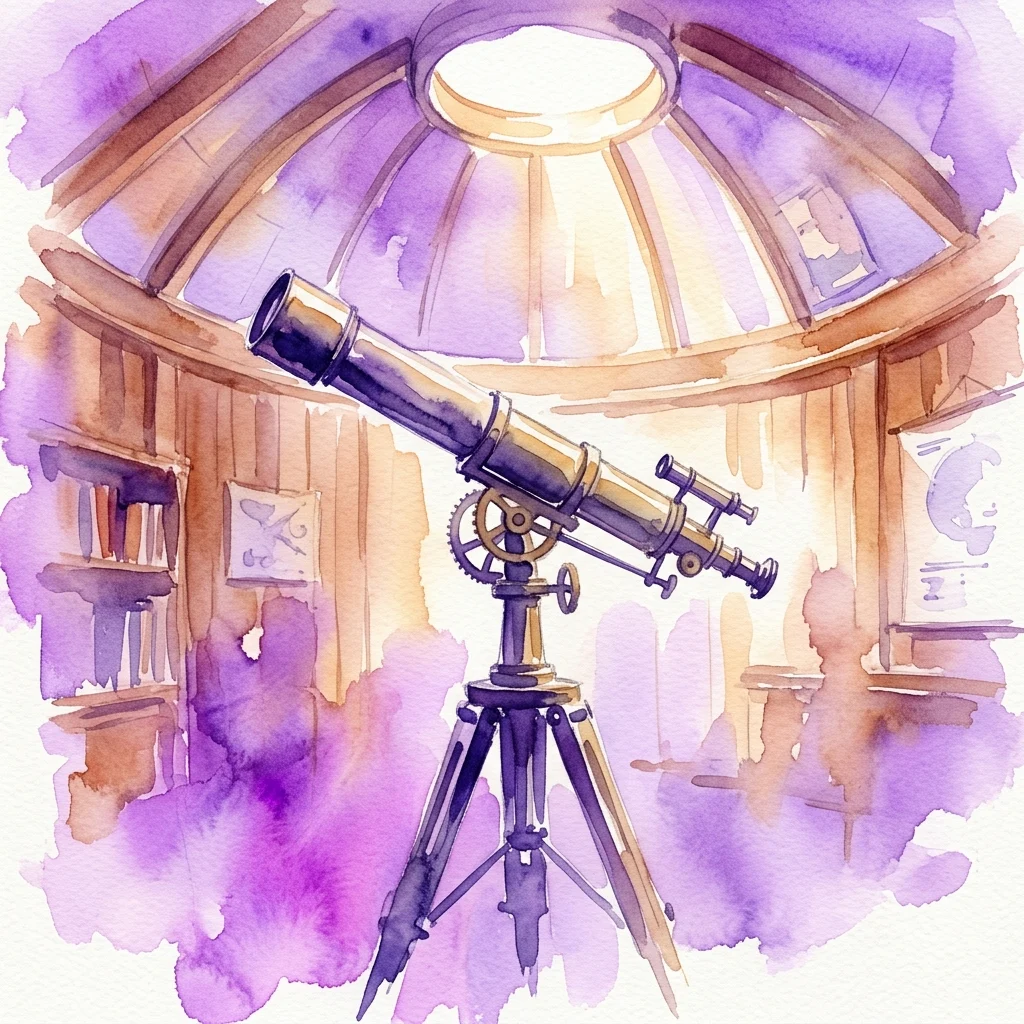 Watercolor painting of the Coimbra Spectroheliograph telescope on a tripod inside a wooden-paneled observatory pavilion with a domed ceiling and streaming light.