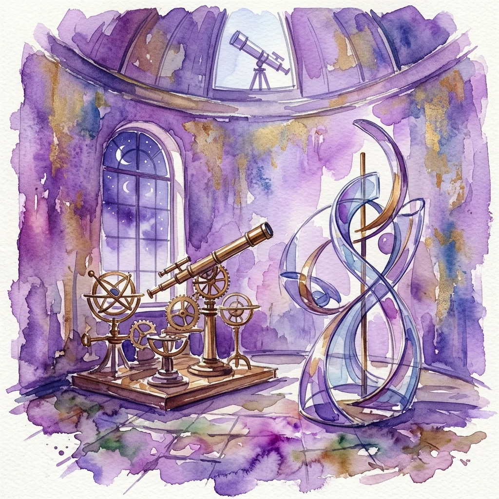 Aquarelillustratie van een observatoriuminterieur met koperen wetenschappelijke instrumenten, armillaria-bollen en een abstract glazen sculptuur onder een koepelvormig plafond met een telescoop.