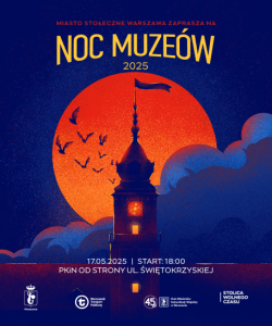 Póster promocional para el evento 'Noc Muzeów' del Museo de la Guerra Fría en 2025, mostrando una torre contra una gran luna naranja con murciélagos volando.