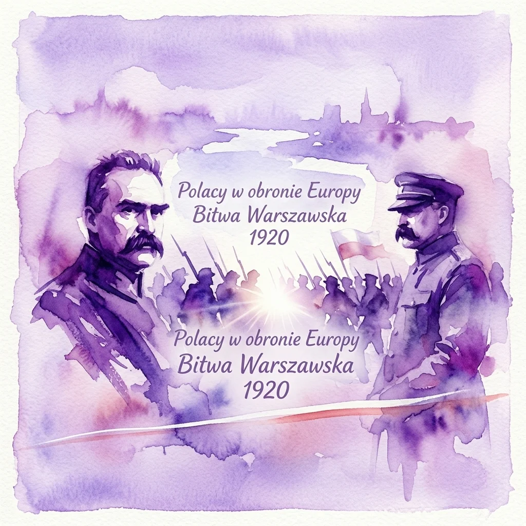 Ilustración en acuarela de soldados y líderes polacos durante la Batalla de Varsovia de 1920, con el texto 'Polacy w obronie Europy Bitwa Warszawska 1920' en tonos morados.