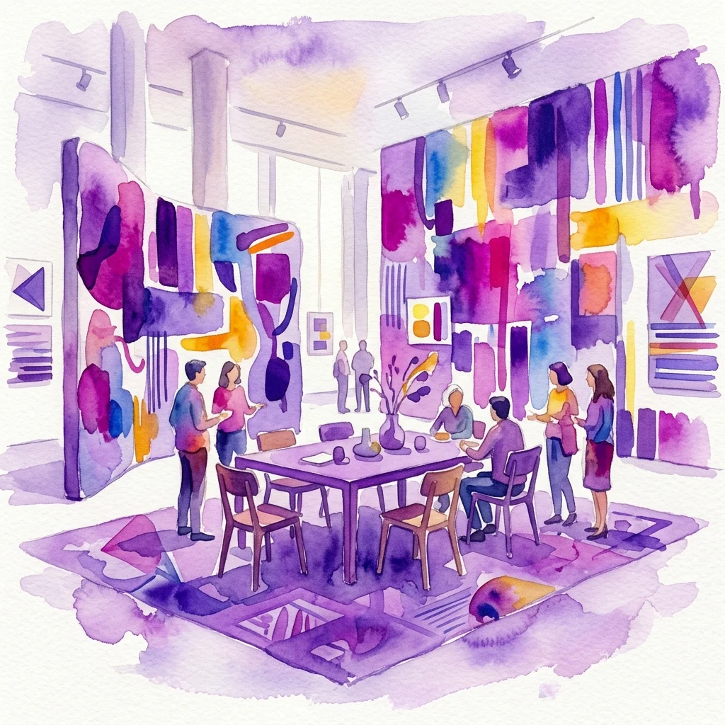 Ilustración en acuarela de la exposición Consensus Ritualis que muestra una mesa central con sillas rodeada de coloridos paneles de pared abstractos y visitantes interactuando.
