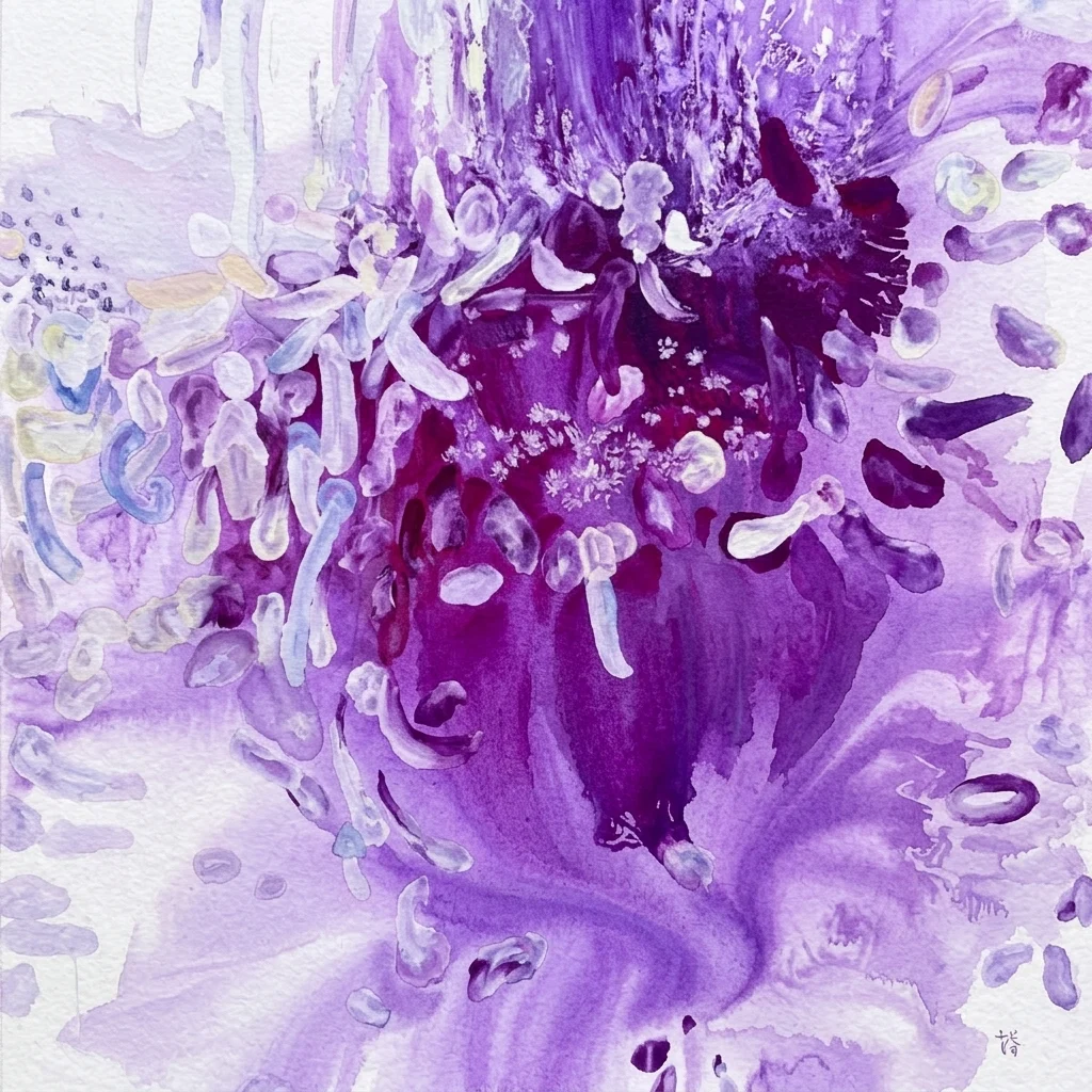 Pintura abstracta de color morado con formas orgánicas fluidas y delicados detalles en blanco, que combina estilos de caligrafía y realismo occidental de la exposición Hidden Jungle de Chen Chunmu.