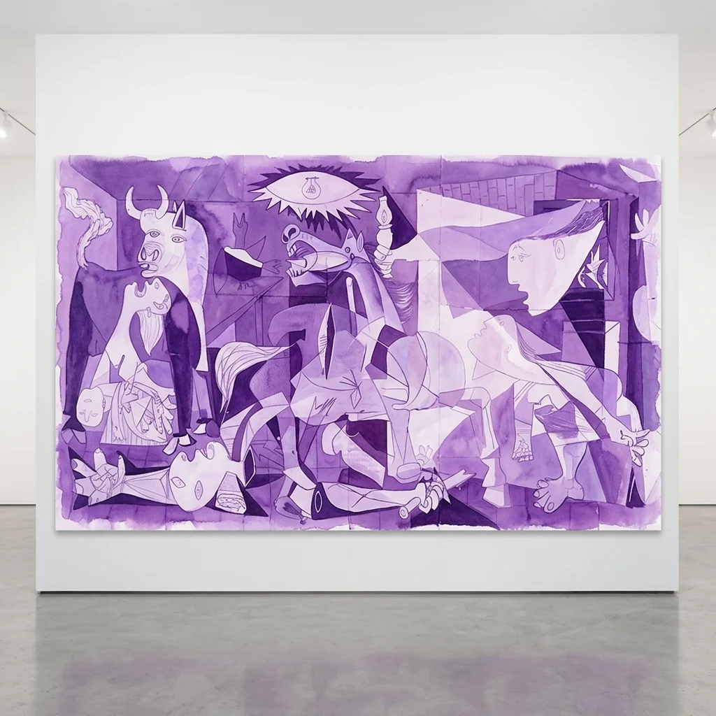 Mural a gran escala en tonos morados que reinterpreta el Guernica de Picasso, obra de Julio Anaya Cabanding, pintado sobre fragmentos de cartón ensamblados en una galería minimalista.