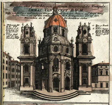 Grabado histórico de la Iglesia Colegial de Salzburgo que muestra un concepto de diseño barroco con dos campanarios y una cúpula central, anotado con texto en alemán.