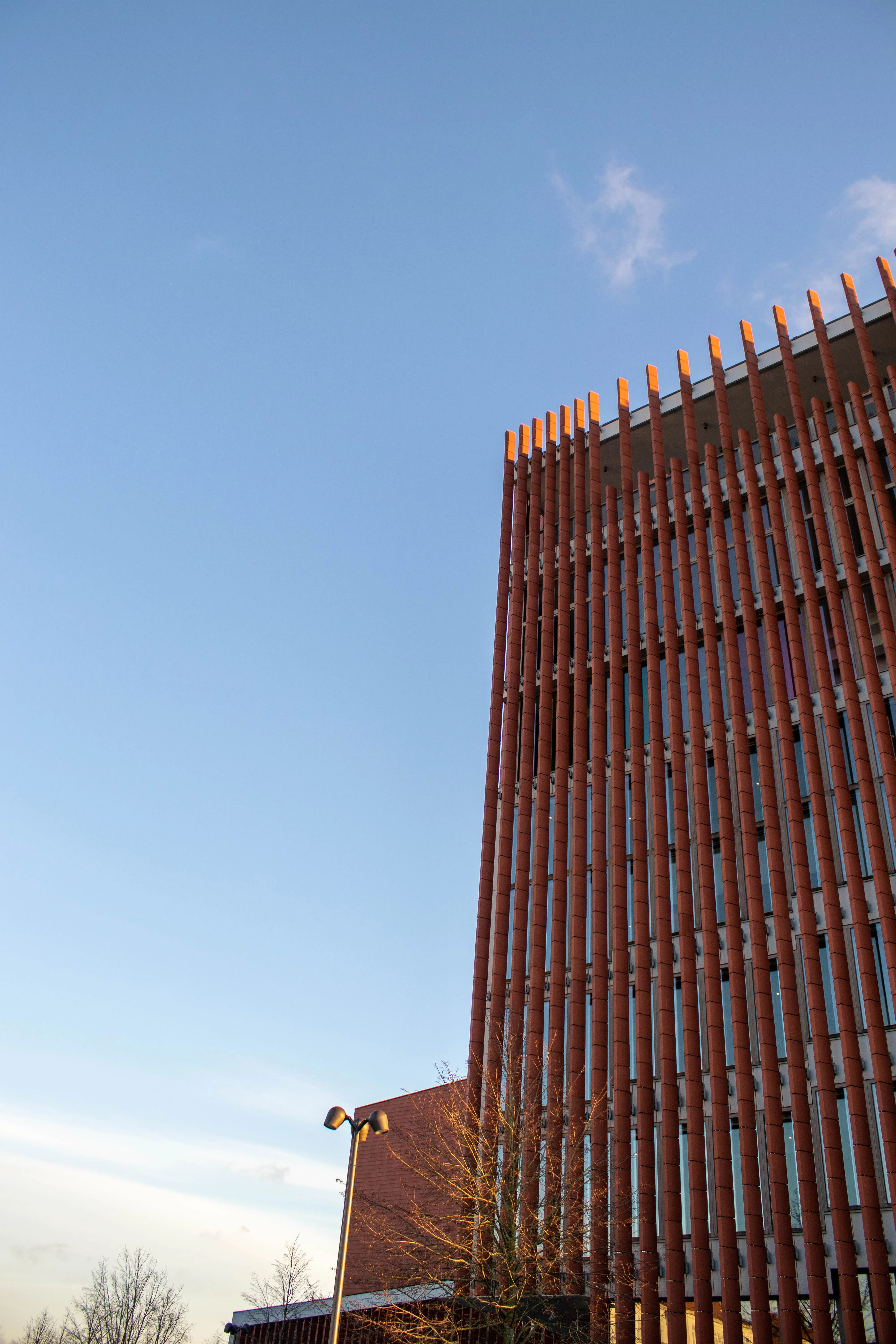 Fachada de un edificio alto con filas de columnas verticales color terracota que se alzan contra un cielo azul despejado, con una farola y árboles desnudos en la base.