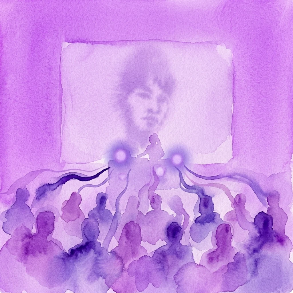 Een aquarelillustratie van een sfeervolle, intieme DJ-optreden met een zittend publiek, waarbij elektronische muziek wordt gegenereerd door AI en publieksinteractie, wat zorgt voor een rustige en meeslepende geluidservaring.