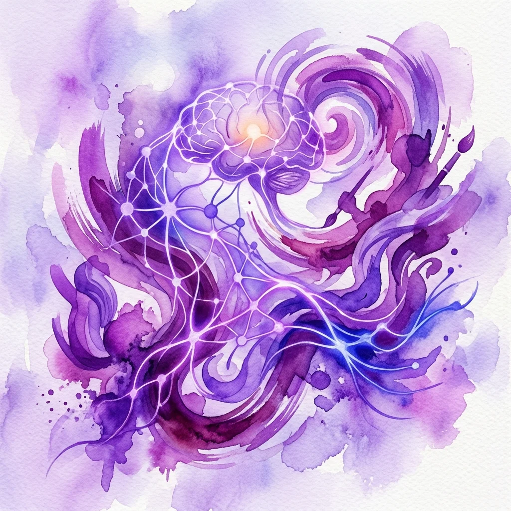 Una vibrante ilustración en acuarela de un cerebro brillante con redes neuronales entrelazadas con pinceladas artísticas y un pincel, simbolizando la intersección de la inteligencia artificial y el arte.