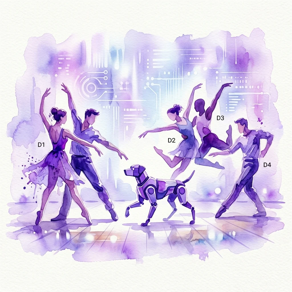Waterverfillustratie van een hedendaagse dansvoorstelling met vier dansers en een robotachtige hond op een minimalistisch podium met digitale projecties, die de FAMULUS 4.0-expositie representeren.