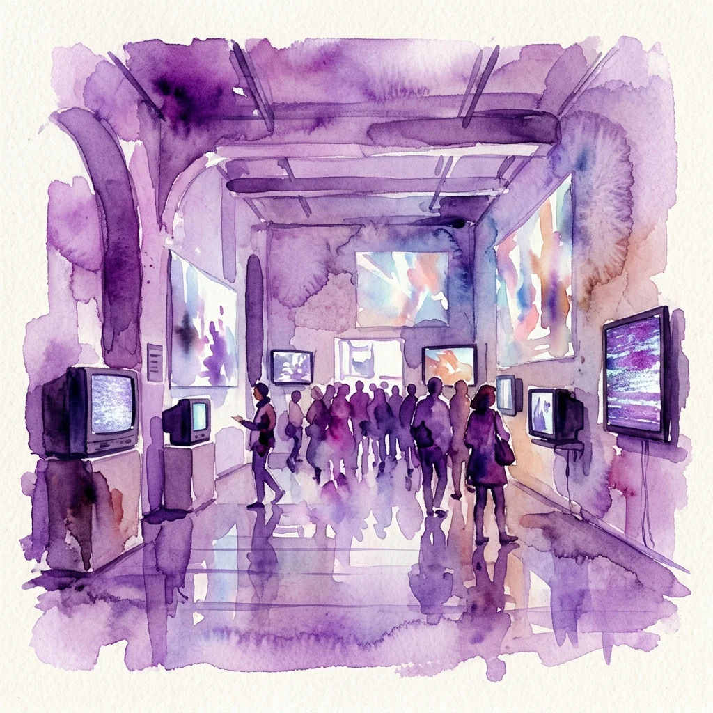Ilustracja akwarelowa galerii sztuki z odwiedzającymi oglądającymi instalacje wideo na wielu ekranach, odzwierciedlająca współczesną wystawę hiszpańskiej sztuki wideo o tematyce domowej.