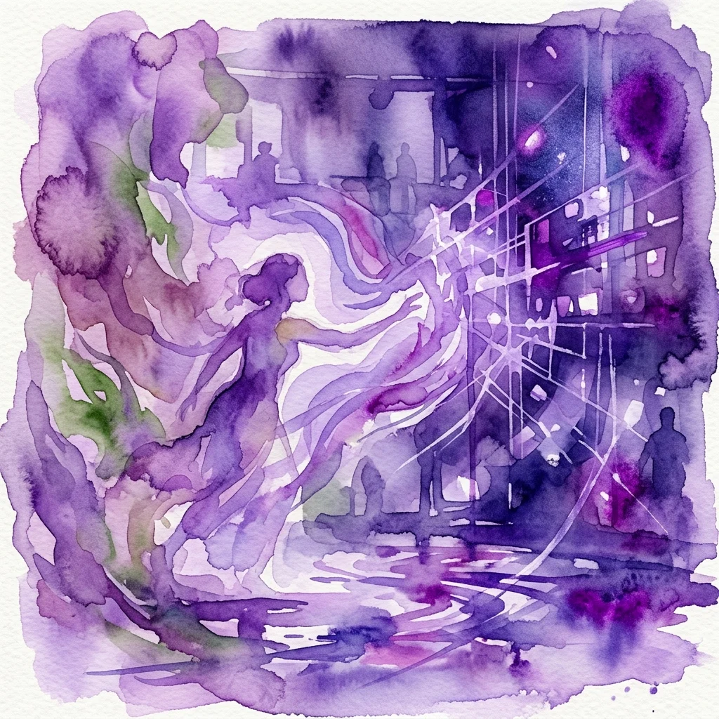 Een aquarel in paarse en groene tinten die een figuur in beweging afbeeldt, waarbij menselijke vormen worden gecombineerd met abstracte digitale elementen en lijnstructuren, ter representatie van de experimentele podiumvoorstelling "Hyperbórea" van Carla Nyman.
