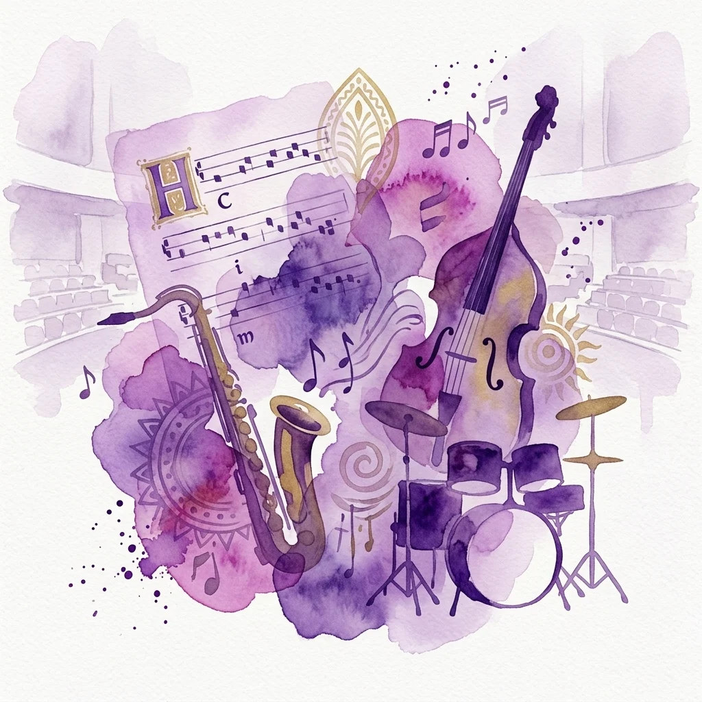 Ilustracja akwarelowa łącząca renesansowe rękopisy muzyczne ze współczesnymi instrumentami jazzowymi, takimi jak saksofon, kontrabas i zestaw perkusyjny, na tle sali koncertowej. Przedstawia premierowy występ „Todos los bienes del mundo” w wykonaniu Ignacio Prego, Maríi Berasarte, Pablo M. Caminero i Davida Mayorala.