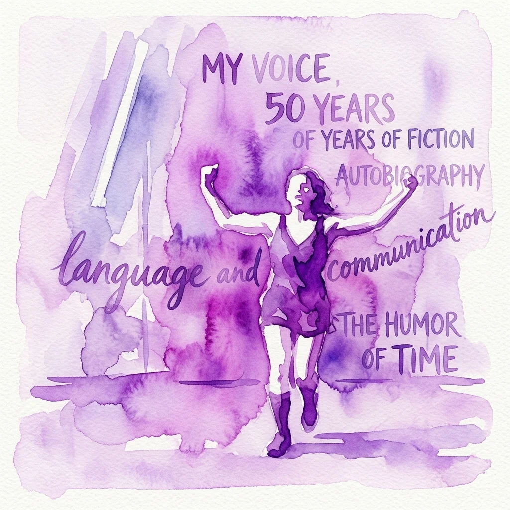 Ilustracja akwarelowa tancerki w ruchu z elementami tekstowymi, w tym 'MÓJ GŁOS, 50 LAT FIKCJI', 'język i komunikacja', 'AUTOBIOGRAFIA' oraz 'HUMOR CZASU' w fioletowych odcieniach.