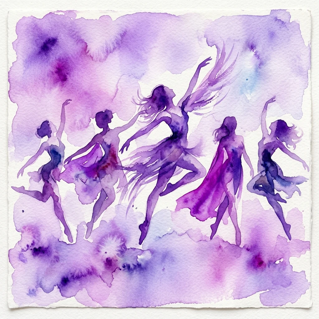 Ilustración en acuarela de bailarinas en fluidas tonalidades púrpuras y azules, que representan una actuación de danza conceptual que reimagina personajes del ballet clásico como Odette y Ofelia con temas de liberación y emancipación femenina.