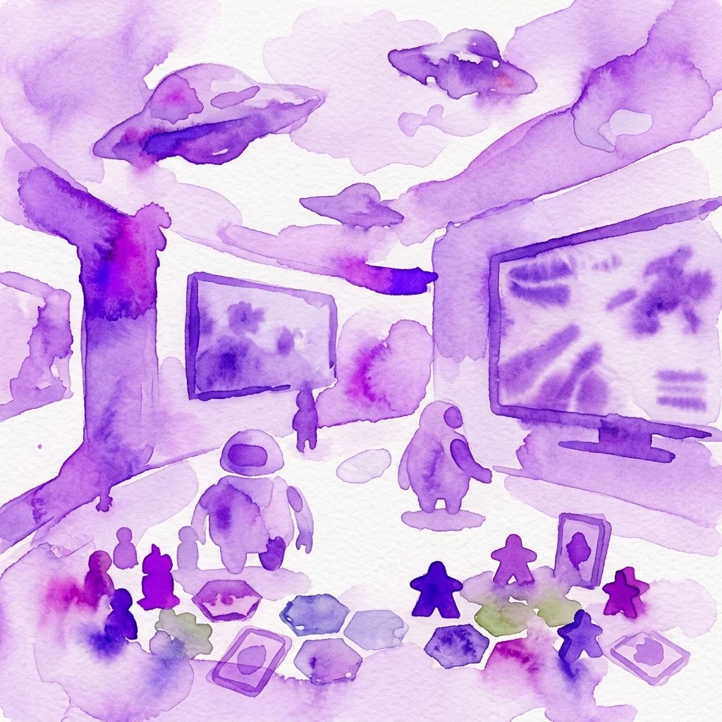Una ilustración en acuarela en tonos morados que representa una exposición temática de ciencia ficción con naves espaciales alienígenas, robots, piezas de juegos de mesa y pantallas de videojuegos, representando el Microfestival "Tableros y Pantallas".