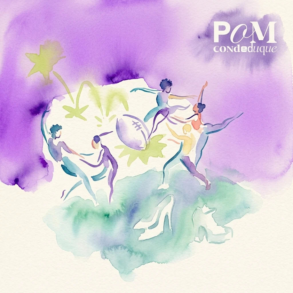Ilustracja akwarelowa tancerzy w ruchu, przedstawiająca abstrakcyjne postacie w odcieniach fioletu, zieleni i błękitu, z logo PAM CONDEDUQUE w prawym górnym rogu.