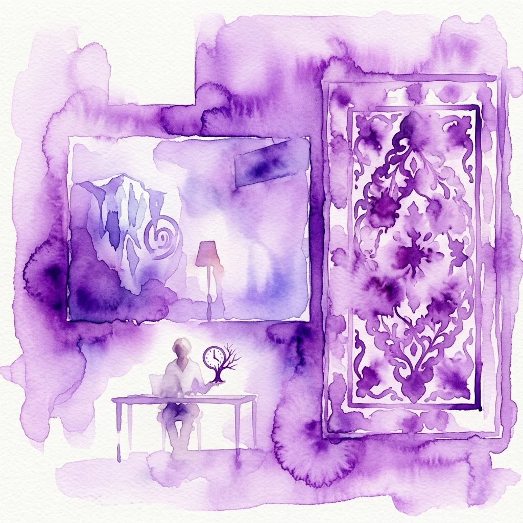 Een paarse aquarelillustratie van een persoon aan een bureau met een klokboom, een lamp en sierlijke patronen, die een peinzende sfeer oproept voor Nassim Soleimanpour's voorstelling 'Echo (Every Cold-Hearted Oxygen)'.