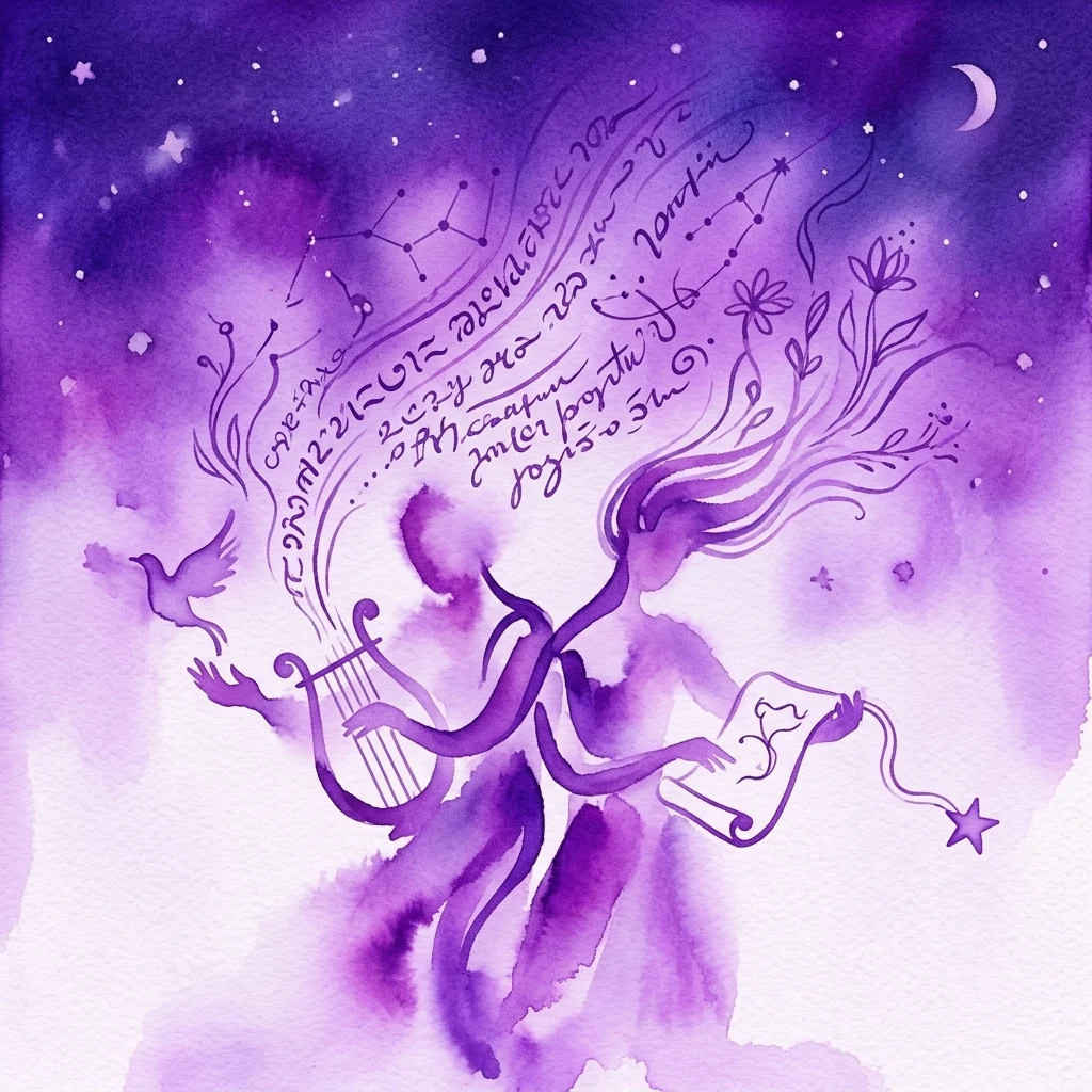 Una ilustración en acuarela morada de una figura tocando una lira y dibujando bajo un cielo estrellado, inspirada en poetas antiguos y tradiciones místicas, con texto escrito a mano y constelaciones.