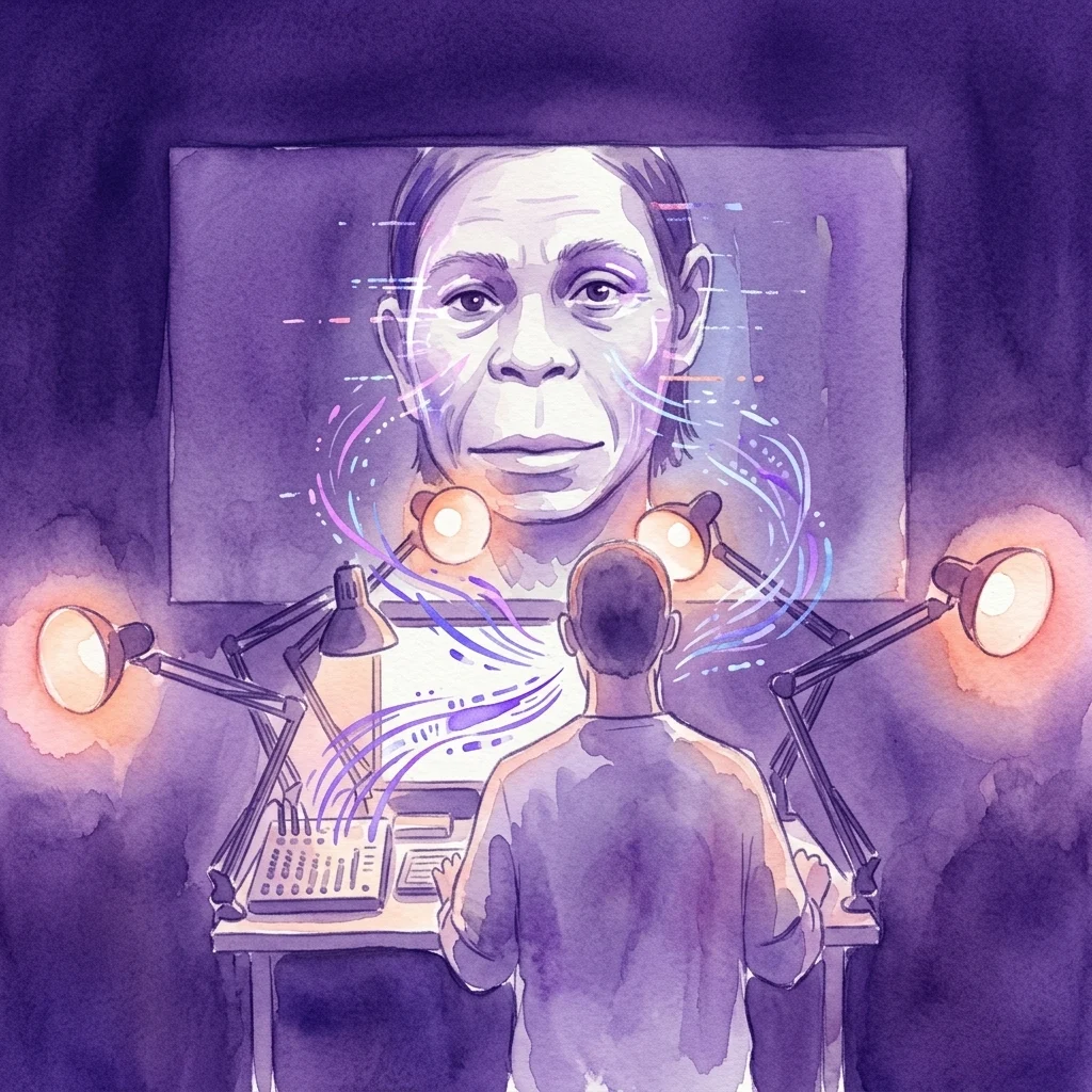 Een kunstenaar werkt aan een bureau onder warme lampen, gericht op een groot scherm waarop een door AI gegenereerde avatar met digitale effecten wordt weergegeven, ter illustratie van een live optreden dat kunstmatige intelligentie en menselijkheid onderzoekt.