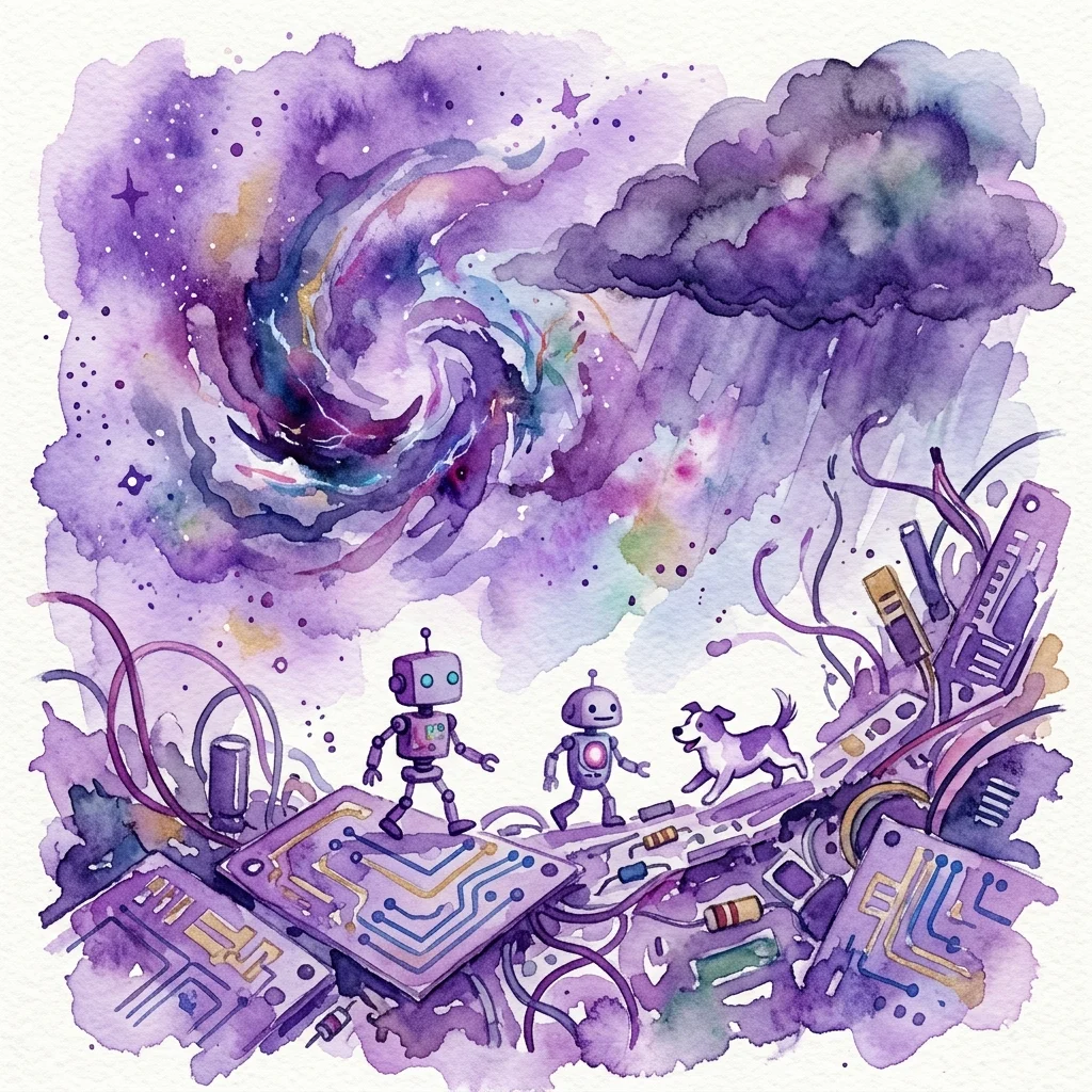Een grillige aquarelillustratie van twee robots en een hond die navigeren door een landschap gemaakt van gerecyclede printplaten en elektronisch afval, met een wervelende sterrenstelsel en regenwolk op de achtergrond, die de oorsprong van het universum en milieu-thema's symboliseren.