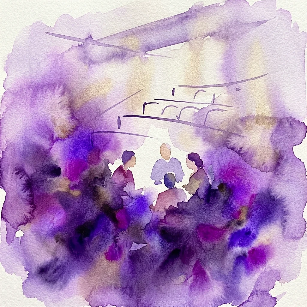 Ilustracja akwarelowa dyskusji filozoficznej w nowoczesnej sali wykładowej, przedstawiająca sylwetki ludzi w rozmowie w miękkim fioletowo-złotym oświetleniu.