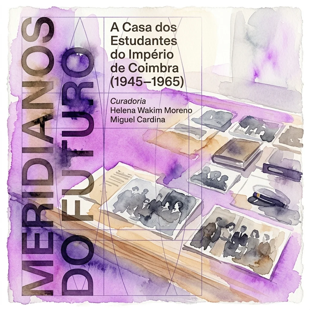 Paarse aquarelposter voor de tentoonstelling 'Meridianos do Futuro: A Casa dos Estudantes do Império de Coimbra (1945–1965)', met geïllustreerde archieffoto's, boeken en petten op een houten tafel, met curatoren Helena Wakim Moreno en Miguel Cardina.