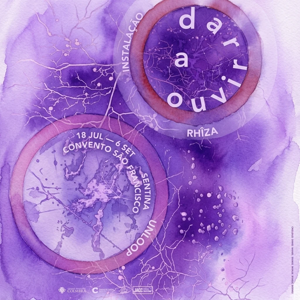 Paarse aquarelposter voor de RHÎZA-installatie 'De Ar a Ouvir', met twee cirkelvormige myceliumachtige vormen op organische vertakkende patronen, tentoongesteld in het Convento São Francisco in Coimbra.