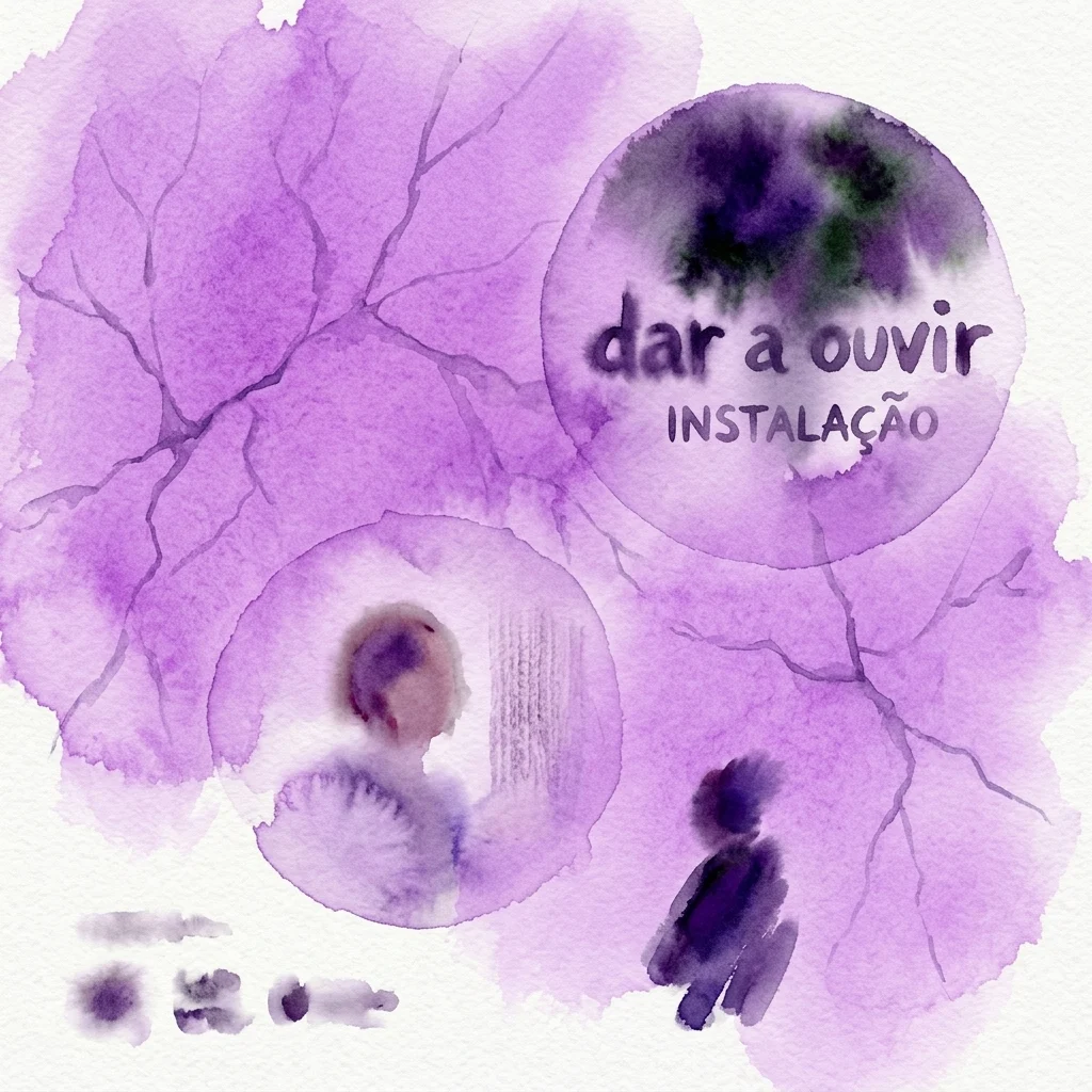 Ilustración en acuarela en tonos morados y violetas con líneas orgánicas similares a ramas, tres siluetas de retratos circulares y el texto en portugués 'dar a ouvir' e 'INSTALAÇÃO'.
