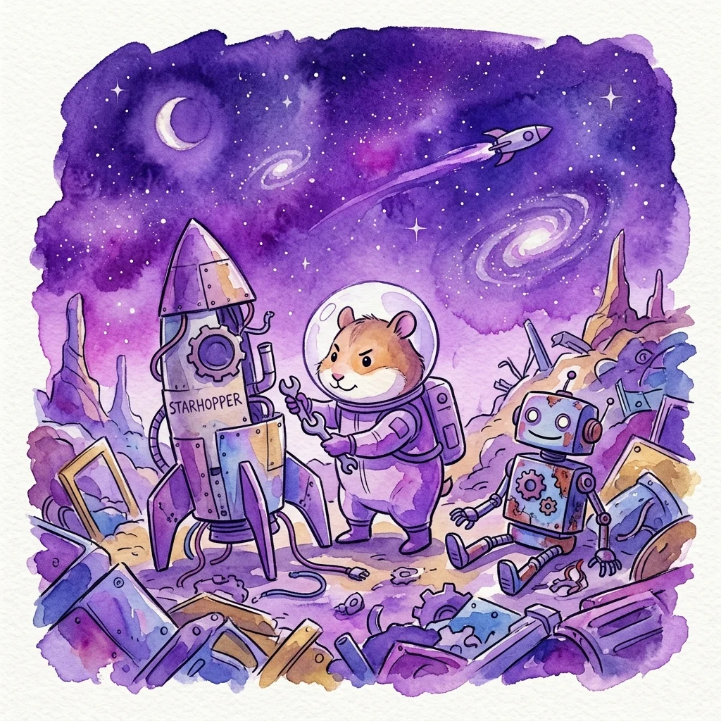 Een grillige aquarelillustratie van een hamster in een ruimtepak die een raket met het label 'STARHOPPER' repareert op een schroothoop planeet, met een beschadigde robot en een ruimteschip in de sterrenhemel paarse lucht.