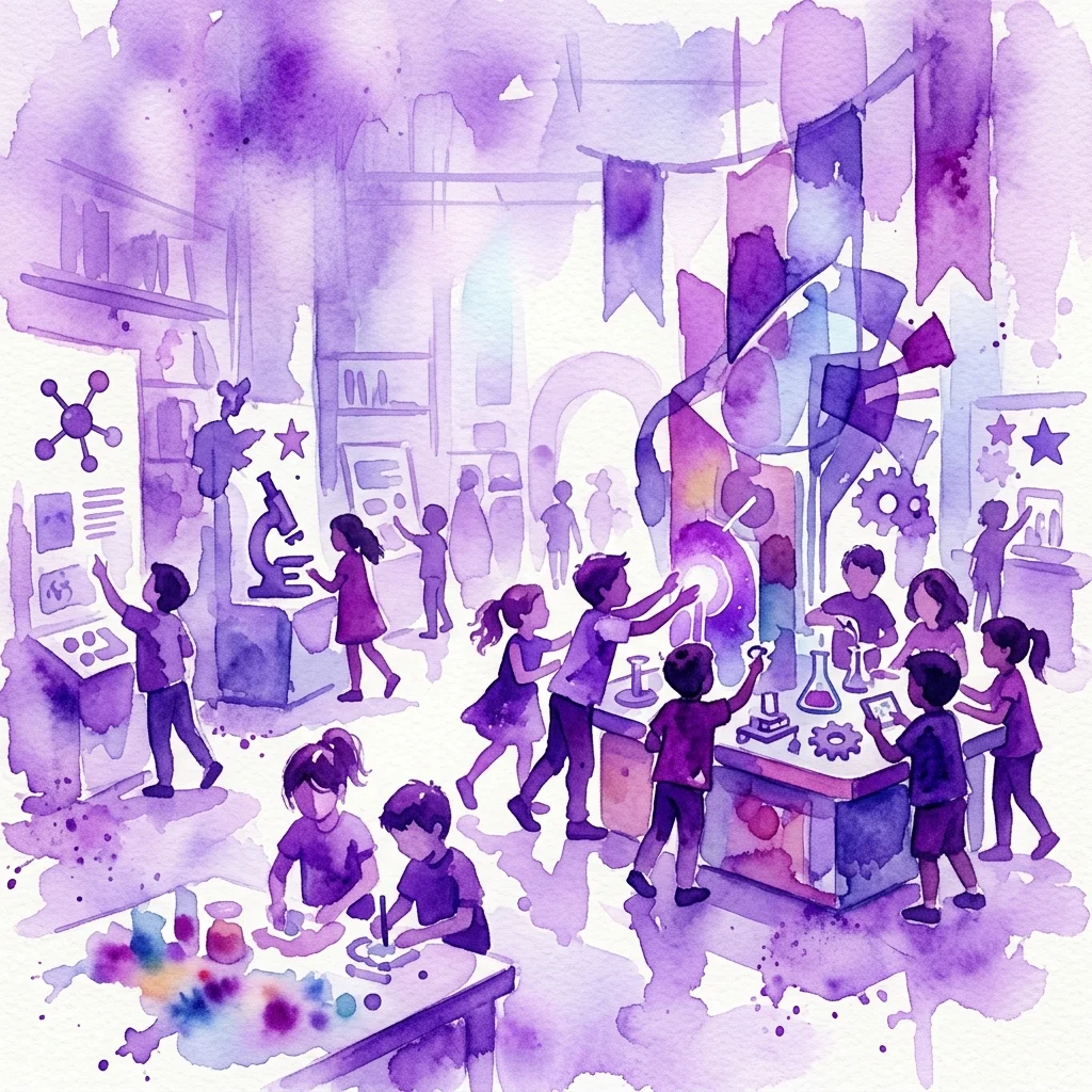 Niños participando en actividades científicas prácticas en un vibrante espacio expositivo interactivo de temática morada con microscopios, vasos de precipitados y talleres creativos.