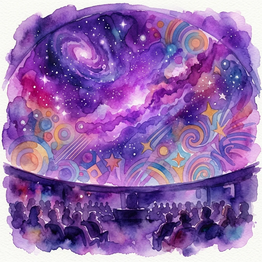 Waterverfillustratie van een planetariumkoepel die een kosmisch tafereel toont met wervelende sterrenstelsels en sterren, overdekt met kleurrijke discopatronen uit de jaren '70, met silhouetten van een publiek dat de voorstelling bekijkt.