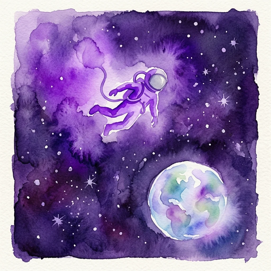 Watercolor illustration of an astronaut floating in space with Earth and stars in the background, evoking a sense of wonder and isolation.