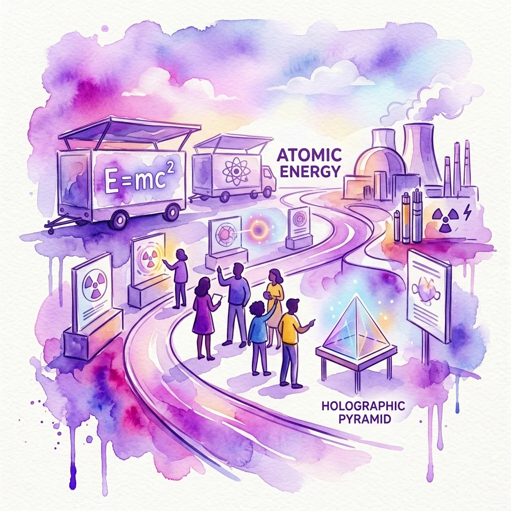 Een mobiele tentoonstelling over atoomenergie met een vrachtwagen met E=mc², interactieve displays, een holografische piramide en bezoekers die nucleaire wetenschapsconcepten verkennen.