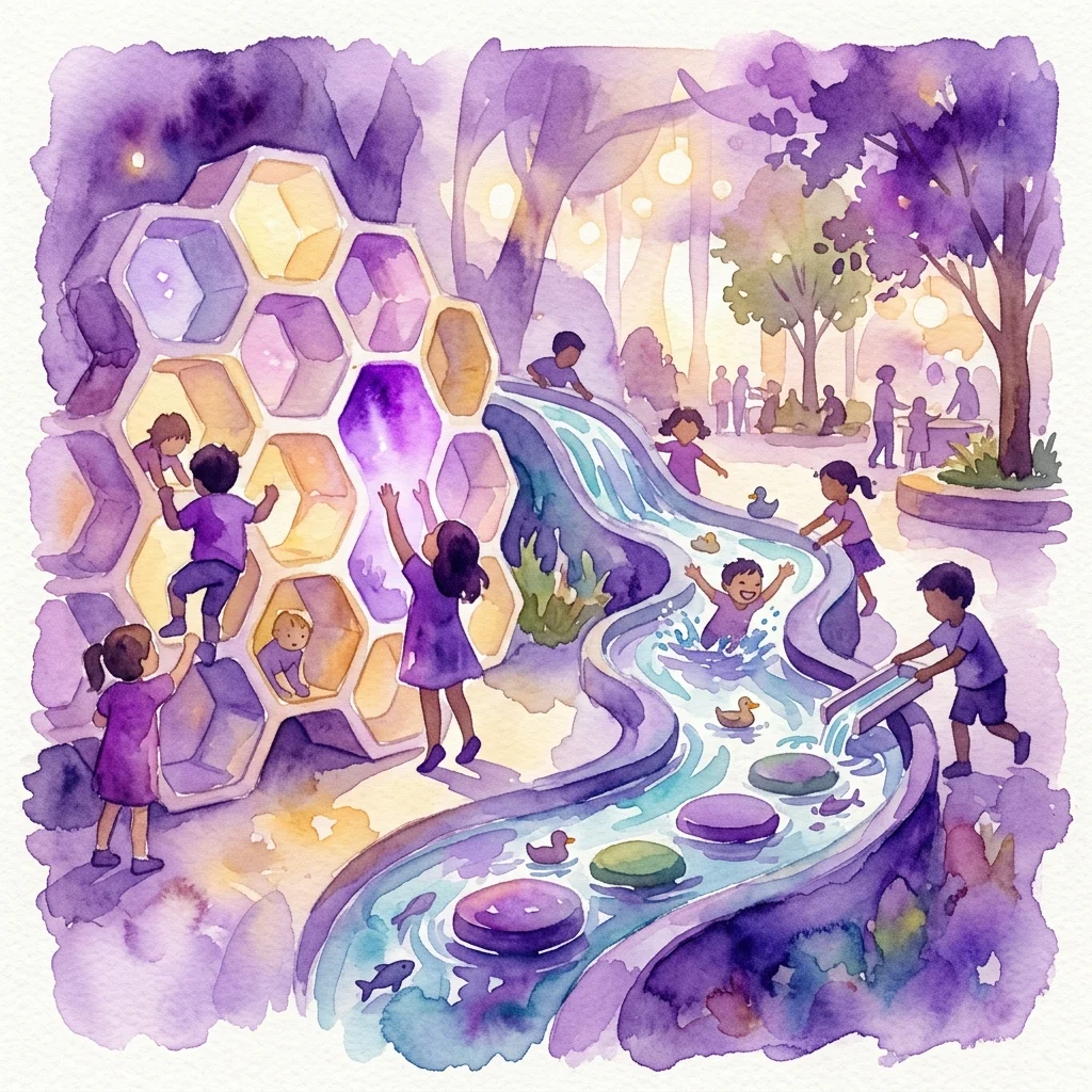 Kinderen spelen in een levendige, interactieve tentoonstelling met een honingraatstructuur en een waterpartij, ontworpen voor zintuiglijke verkenning van de natuur.