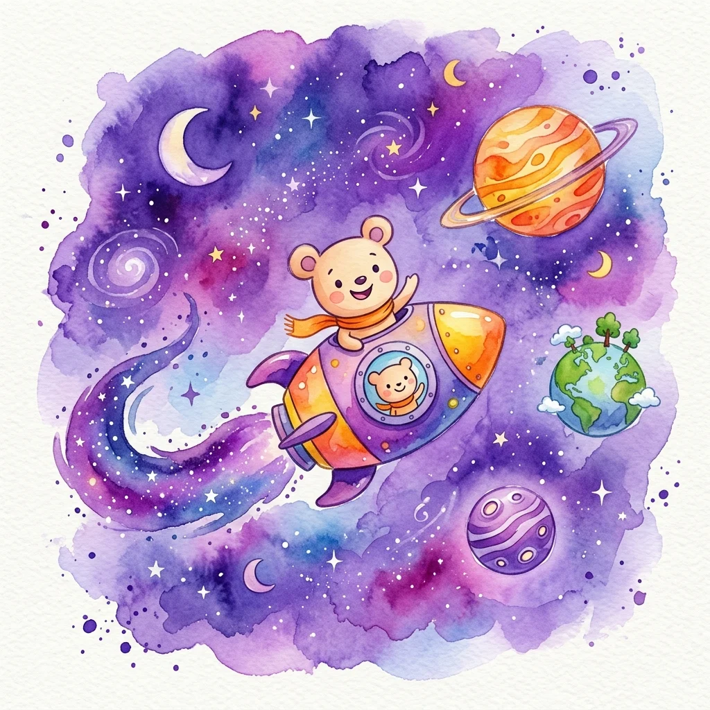 Een tekenfilmbeer genaamd Chrumek vliegt met een magische raket door een levendig zonnestelsel, en verkent planeten zoals de Aarde en Saturnus met een vriendelijke robot-metgezel, ontworpen voor educatief entertainment voor kleuters.