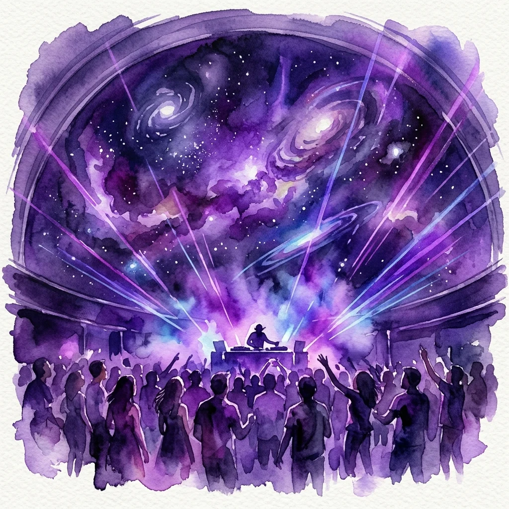Ilustracja akwarelowa koncertu muzyki elektronicznej o kosmicznej tematyce w planetarium, z DJ-em na scenie, tańczącym tłumem oraz wirującymi galaktykami i wiązkami laserowymi wyświetlanymi na kopule.