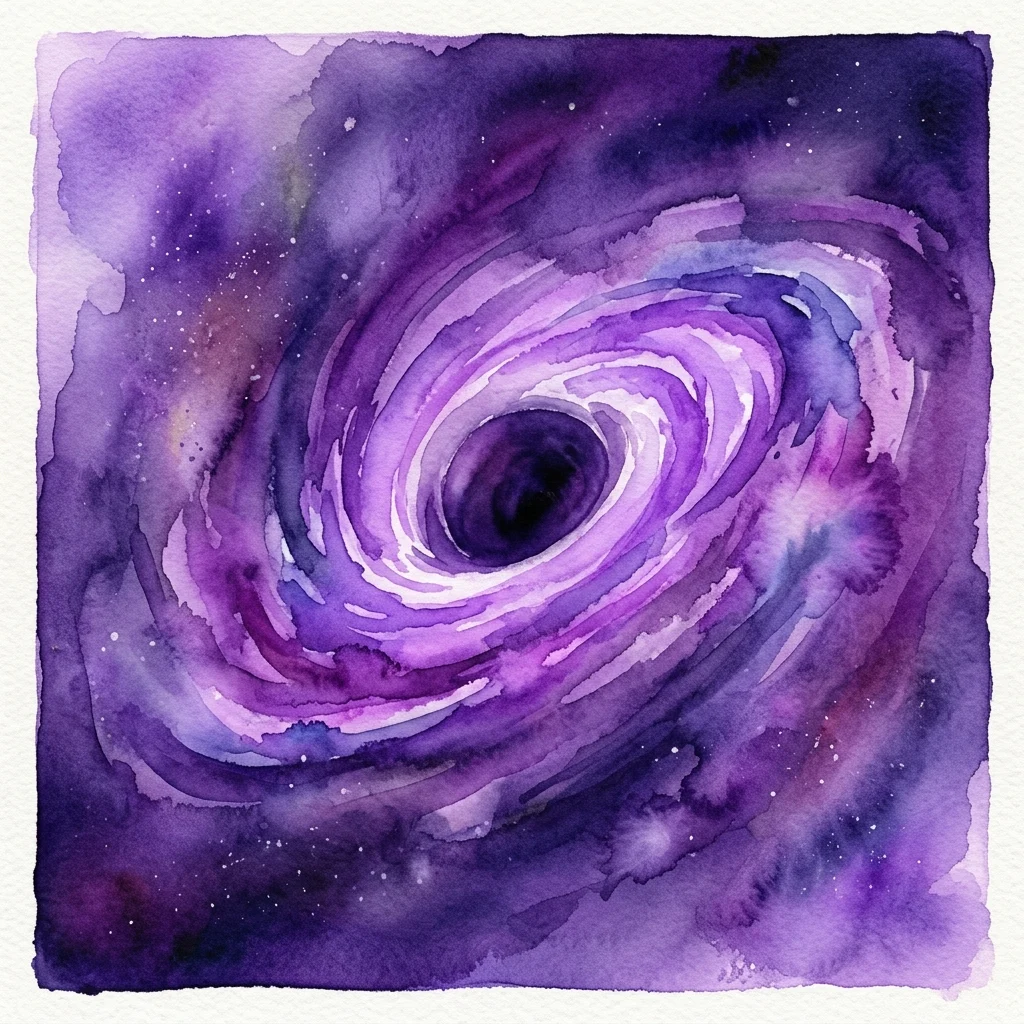 Una ilustración en acuarela de un agujero negro con un disco de acreción púrpura arremolinado y espacio-tiempo distorsionado, sobre un fondo cósmico estrellado.